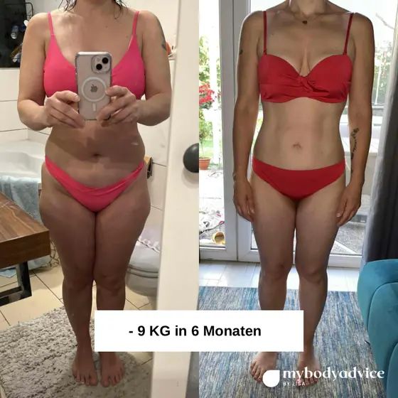 Vorher-Nachher einer Kundin: −9 kg in 6 Monaten