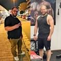 A side-by-side comparison showing a man's physical transformation from a larger build to a leaner, muscular physique.
