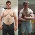A side-by-side comparison showing a man's physical transformation from a heavier build to a lean, muscular physique.