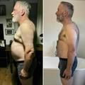 Side-by-side comparison of a man showing his physical transformation and weight loss progress.