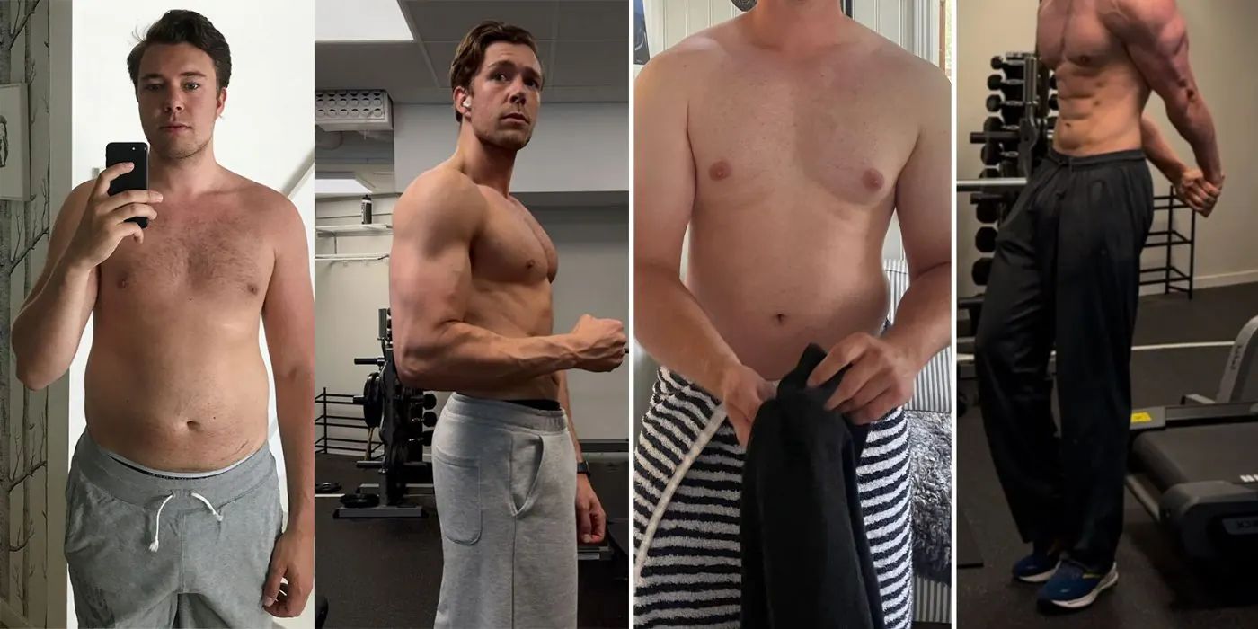 Fyra bilder av en manlig klient som visar resultatet av en livsstilsförändring, före och efter