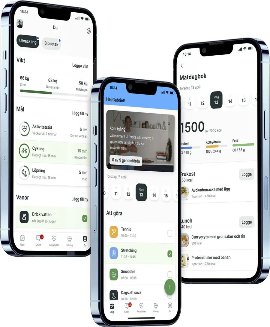 Tre mobiler som visar Lenus-appen med kostplan, kalorimål och dagliga avstämningar