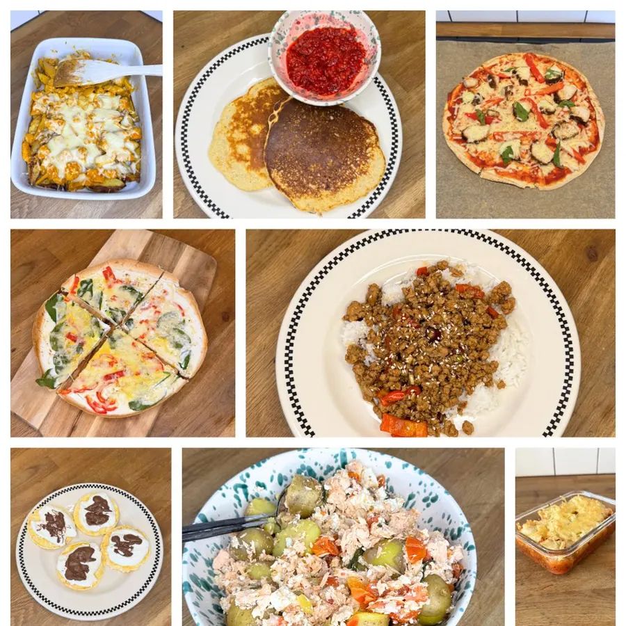 Collage med Anthons recept, bland annat pizza, pannkakor, lasagne och färgglada sallader